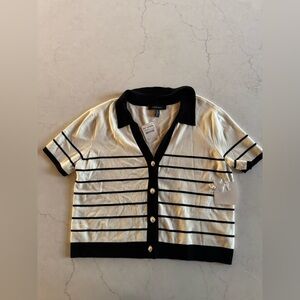 NWT Ellen Tracy Black & Ivory Striped Knit Polo Cardigan Top